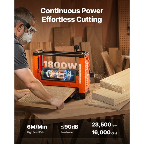 Tjocklekshyvel, tvåbladig, 330 mm bred arbetsbordshyvel, 1800W 23500 RPM kraftfull motor, dubbla rullar, överskydd, träbearbetning med en hastighet, för hårda och mjuka trämaterial |  EU