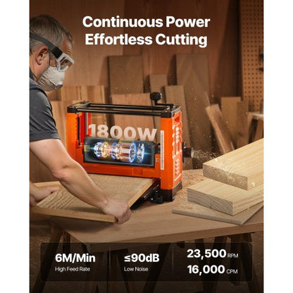 Tjocklekshyvel, tvåbladig, 330 mm bred arbetsbordshyvel, 1800W 23500 RPM kraftfull motor, dubbla rullar, överskydd, träbearbetning med en hastighet, för hårda och mjuka trämaterial |  EU