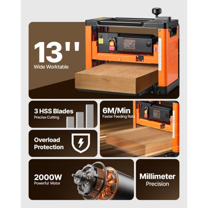 Tjocklekshyvel, trebladig, 330 mm brett arbetsbord, elektrisk bänkhyvel, 2000W 23500 RPM kraftfull motor, dubbla rullar, överskydd, träbearbetning med en hastighet, för hårt mjukt trämaterial |  EU