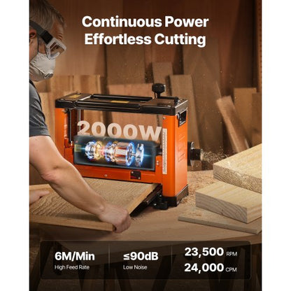 Tjocklekshyvel, trebladig, 330 mm brett arbetsbord, elektrisk bänkhyvel, 2000W 23500 RPM kraftfull motor, dubbla rullar, överskydd, träbearbetning med en hastighet, för hårt mjukt trämaterial |  EU