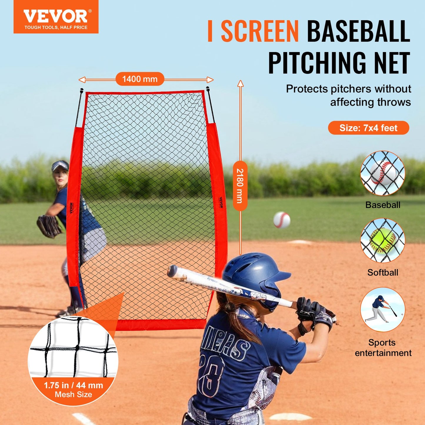 I-Screen Baseball für Batting Cage, 2,1 x 1,2 m Baseball- und Softball-Sicherheitsscreen, tragbarer Batting Screen mit Körperschutz, Tragetasche und Bodenpfählen, Baseball-Pitching-Netz zum Schutz der Pitcher
