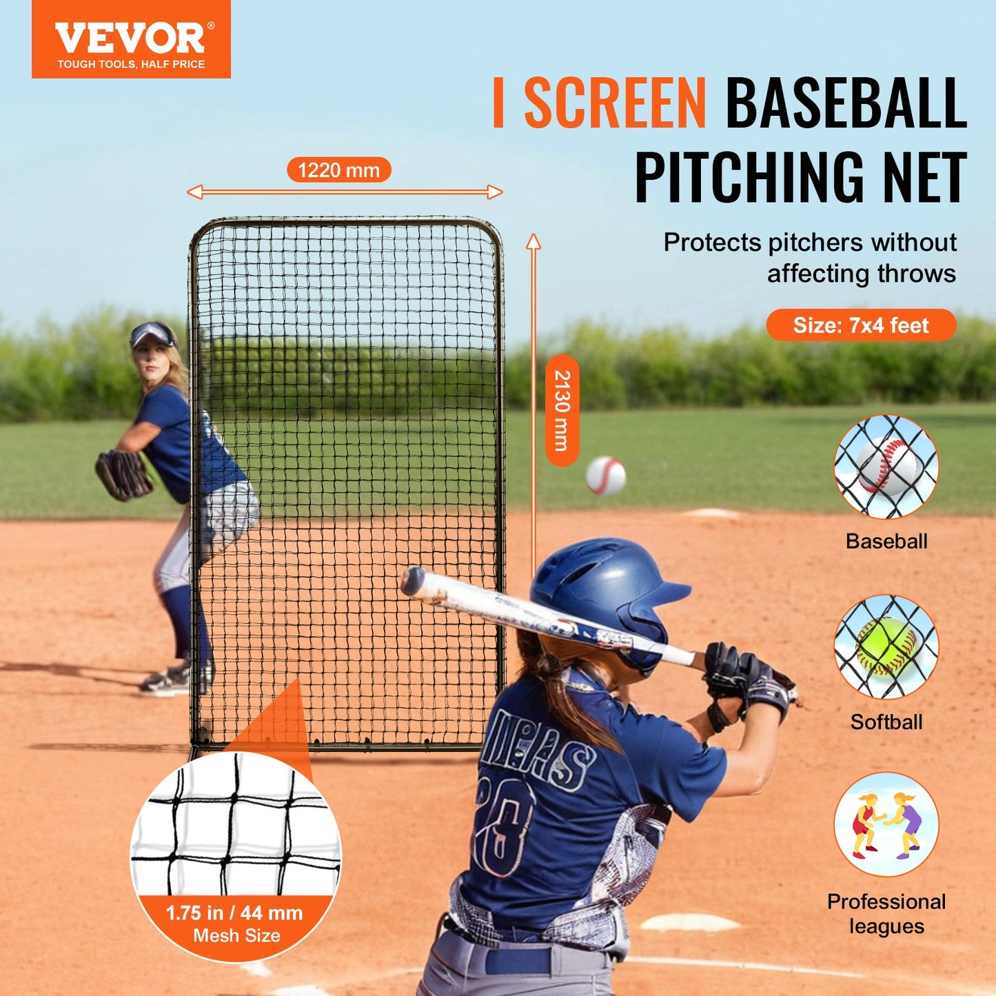 I-Screen Baseball für Batting Cage, 2,1 x 1,2 m Baseball-Softball-Sicherheitsscreen, tragbarer Batting Screen mit Körperschutz, Tragetasche und Bodenpfählen, robustes Pitching-Netz zum Schutz der Pitcher