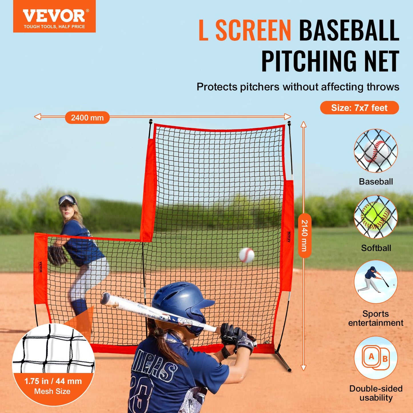 L Screen Baseball for Batting Cage, 7x7 ft Baseball &amp; Softball Safety Screen, Body Protector Portable Batting Screen with Carrying Bag and Ground Stakes, Baseball Pitching Net for Pitchers Protection