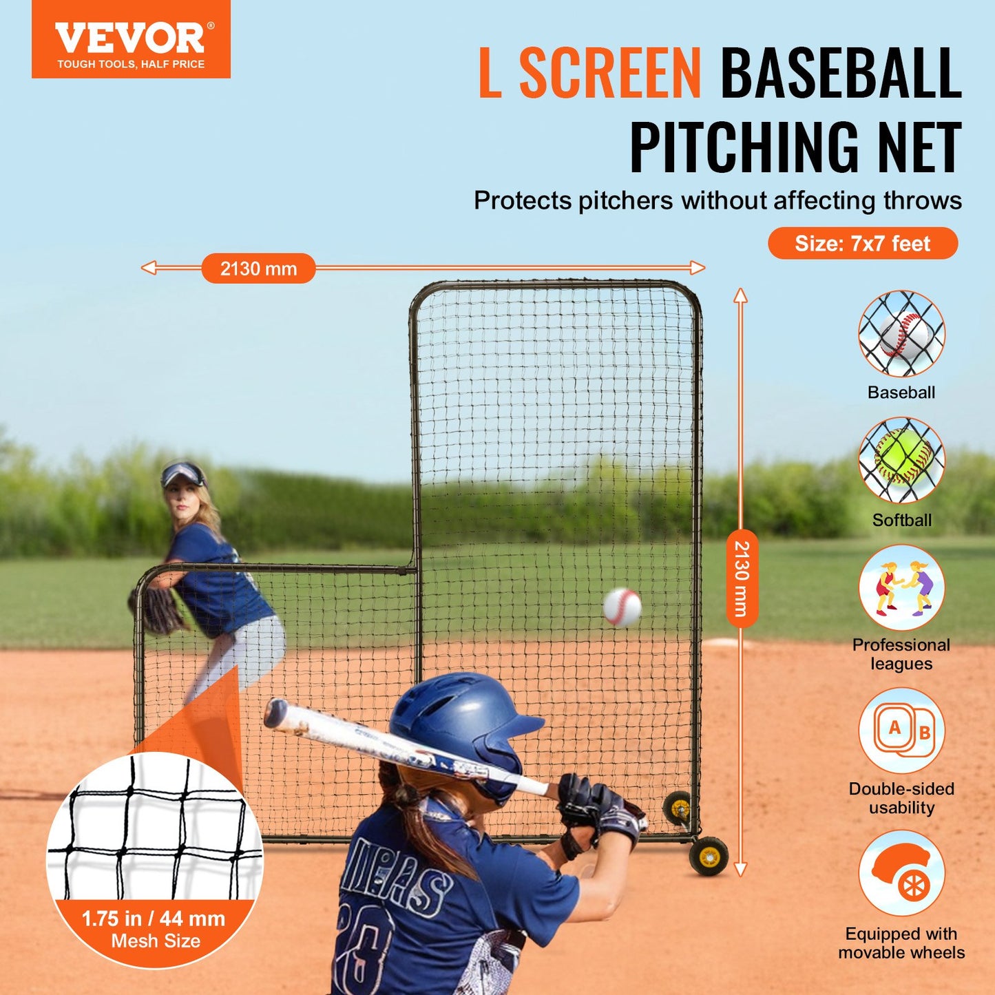 L Screen Baseball för Batting Cage, 7x7 ft Softball Säkerhetsskärm, Body Protector Bärbar Batting Screen med bärväska, Hjul, Ground Stakes, Heavy Duty Pitching Net för Pitchers Protection