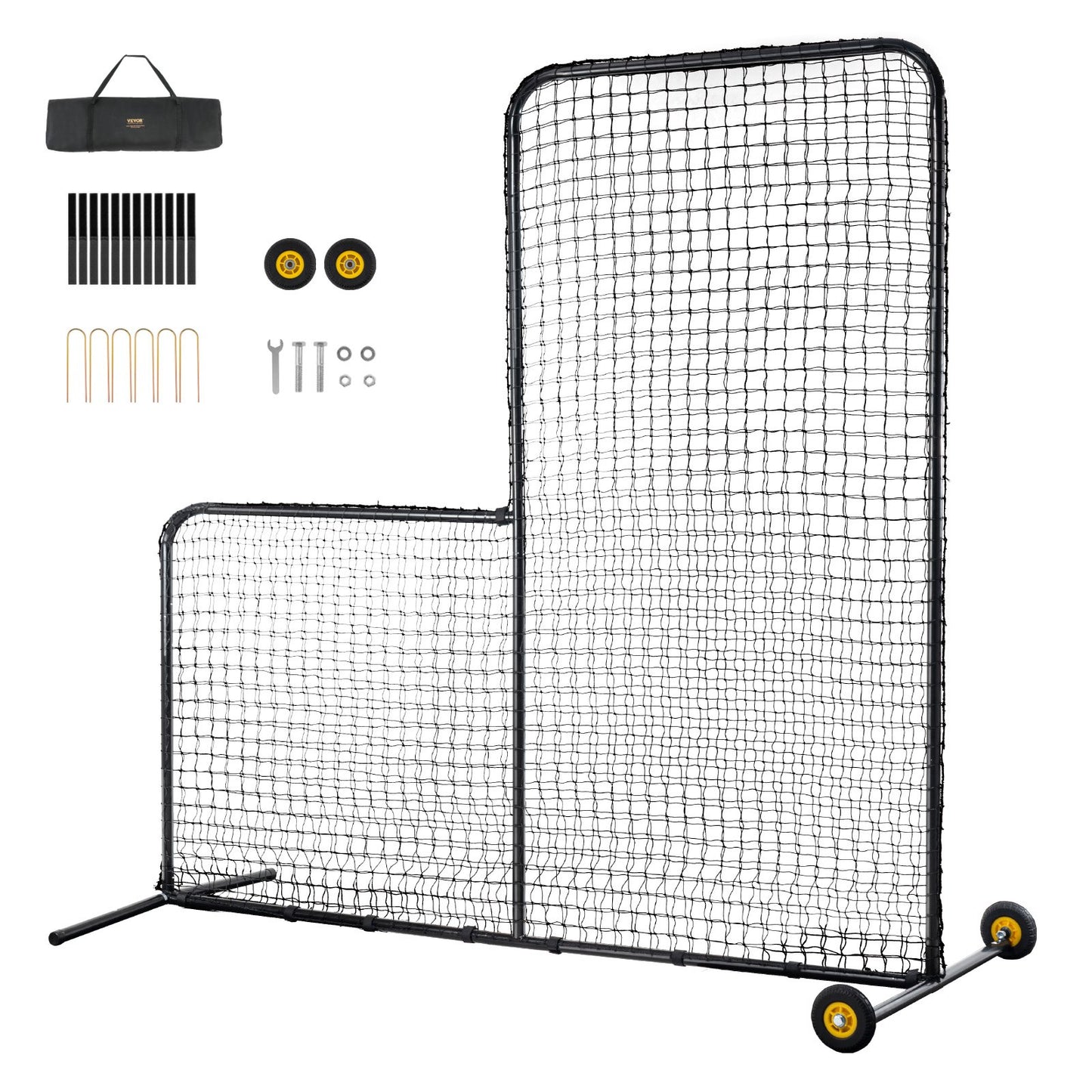 L Screen Baseball för Batting Cage, 7x7 ft Softball Säkerhetsskärm, Body Protector Bärbar Batting Screen med bärväska, Hjul, Ground Stakes, Heavy Duty Pitching Net för Pitchers Protection