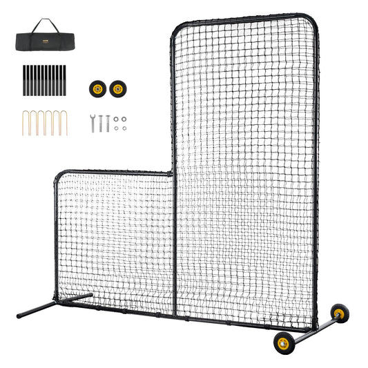 L Screen Baseball för Batting Cage, 7x7 ft Softball Säkerhetsskärm, Body Protector Bärbar Batting Screen med bärväska, Hjul, Ground Stakes, Heavy Duty Pitching Net för Pitchers Protection