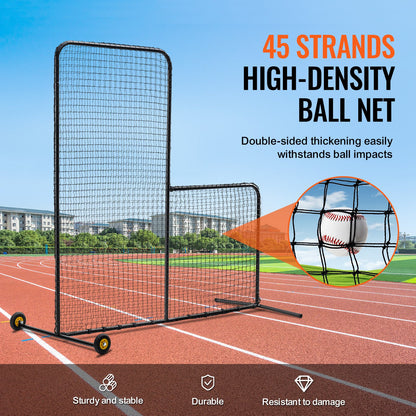 L Screen Baseball for Batting Cage, 7x7 ft Softball Safety Screen, Body Protector Portable Batting Screen with Carry Bag, Wheels, Ground Stakes, Heavy Duty Pitching Net for Pitchers Protection