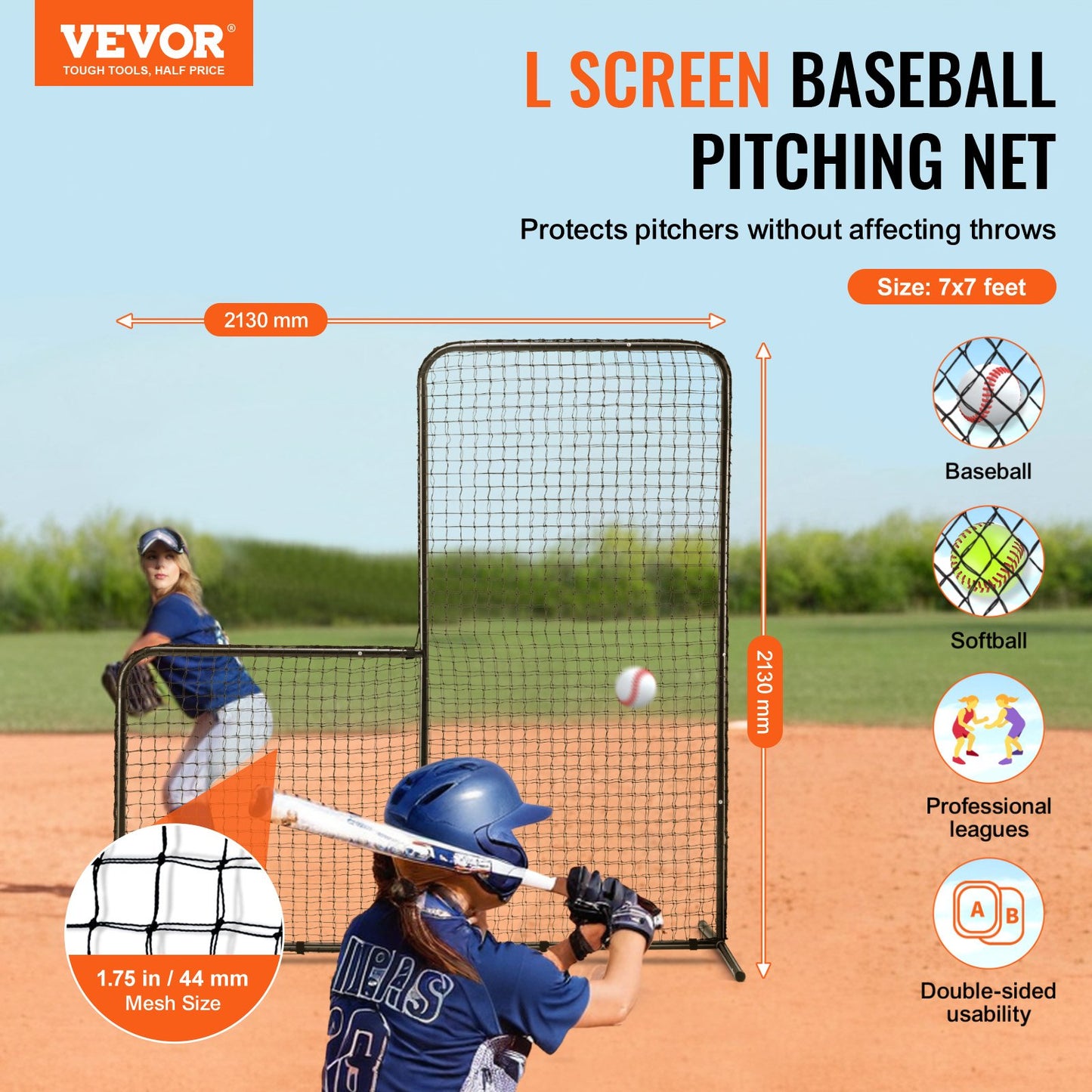 L-Screen-Baseball für Schlagkäfig, 2,1 x 2,1 m großer Baseball-Softball-Sicherheitsscreen, tragbarer Schlagscreen mit Körperschutz, Tragetasche und Bodenpfählen, robustes Pitching-Netz zum Schutz der Pitcher