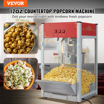 Popcorn Maker, 1440W Popcorn Popper Machine, 12 Oz Kettle Makes 80 Cups per Batch, Countertop Popcorn Maker with Tempered Glass, 3 Stainless Steel Scoops, Movie Theater Style, Red