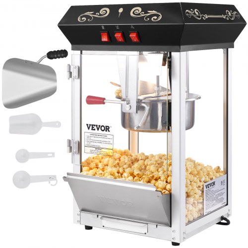 Popcorn Maker, 850W Popcorn Popper Machine, 8 Oz Kettle Makes 48 Cups per Batch, Countertop Popcorn Maker with Tempered Glass, Includes 4 Scoops, Movie Theater Style, Black
