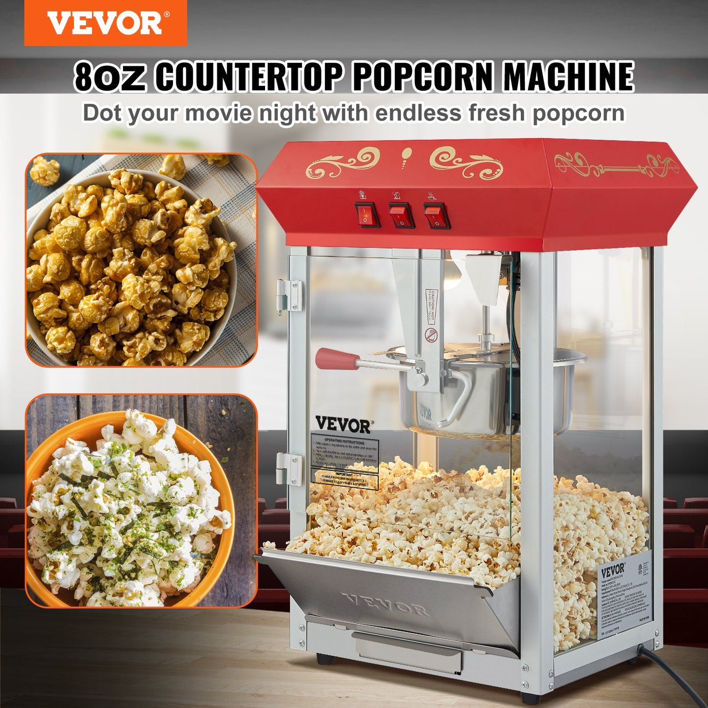 Popcornmaschine, Arbeitsplatten-Popcornmaschine, 850 W, 237 ml, 48 Tassen, Rot