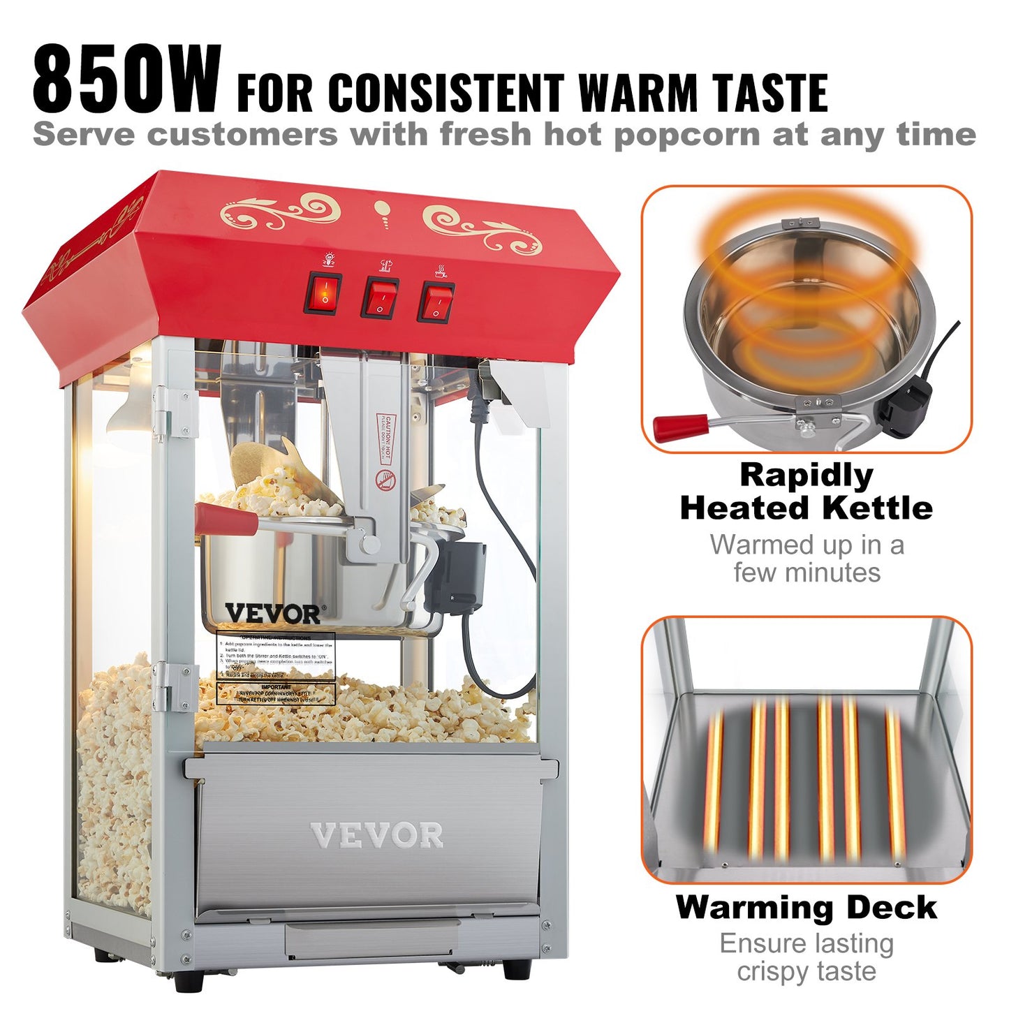 Popcornmaschine, Arbeitsplatten-Popcornmaschine, 850 W, 237 ml, 48 Tassen, Rot