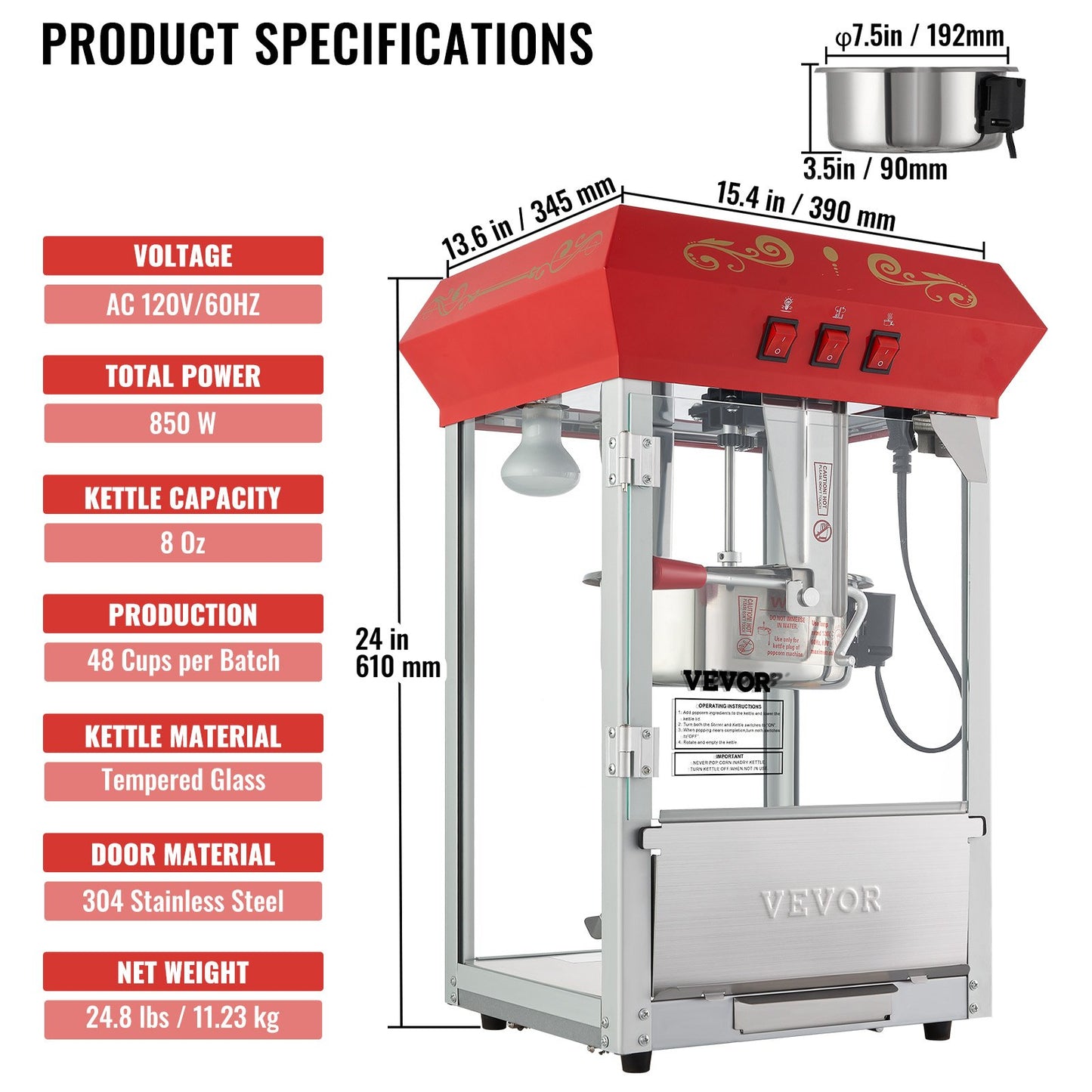 Popcornmaschine, Arbeitsplatten-Popcornmaschine, 850 W, 237 ml, 48 Tassen, Rot