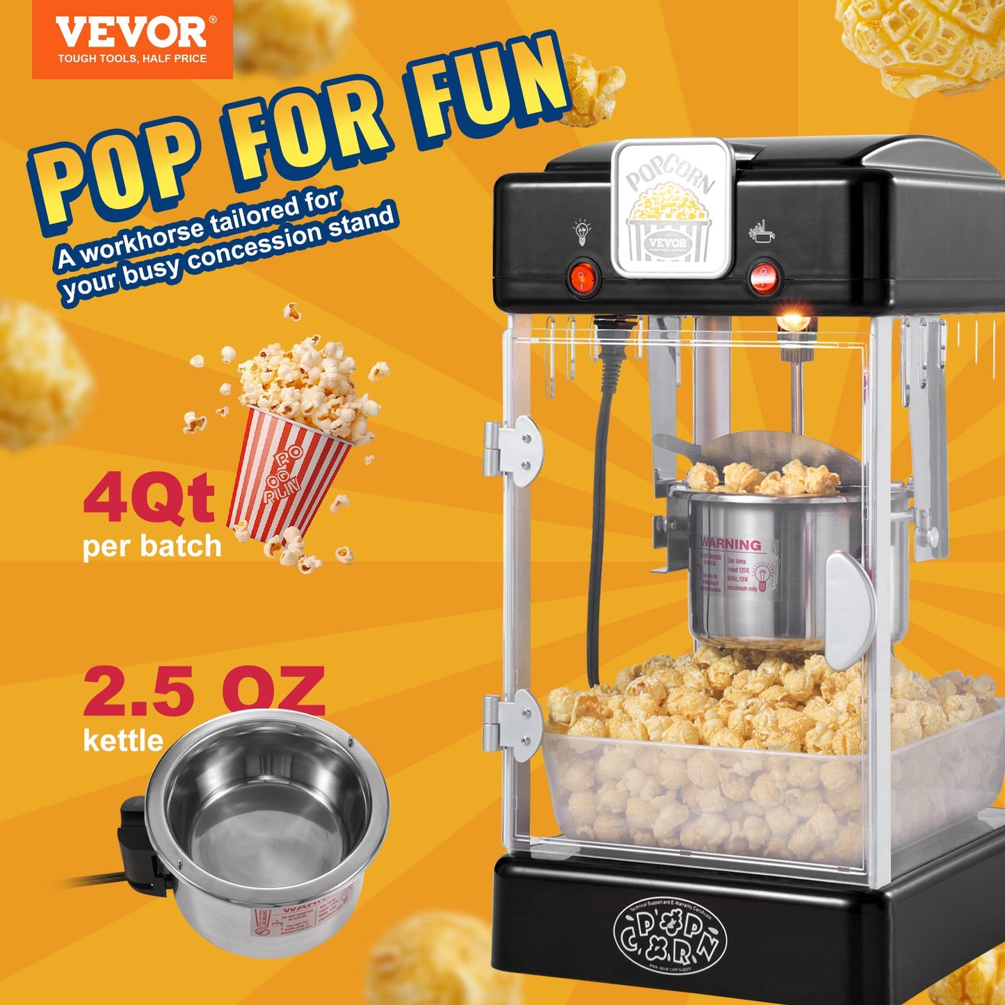 Popcorn Maker, 300W Popcorn Popper Machine, 2.5 Oz Kettle Makes 4 QT per Batch, Tabletop Popcorn Maker with PP Door, Includes 2 Scoops and Tray, Movie Theater Style, Black