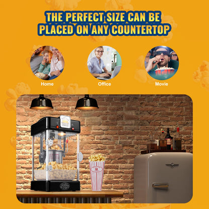 Popcorn Maker, 300W Popcorn Popper Machine, 2.5 Oz Kettle Makes 4 QT per Batch, Tabletop Popcorn Maker with PP Door, Includes 2 Scoops and Tray, Movie Theater Style, Black