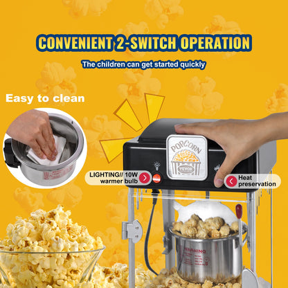 Popcorn Maker, 300W Popcorn Popper Machine, 2.5 Oz Kettle Makes 4 QT per Batch, Tabletop Popcorn Maker with PP Door, Includes 2 Scoops and Tray, Movie Theater Style, Black