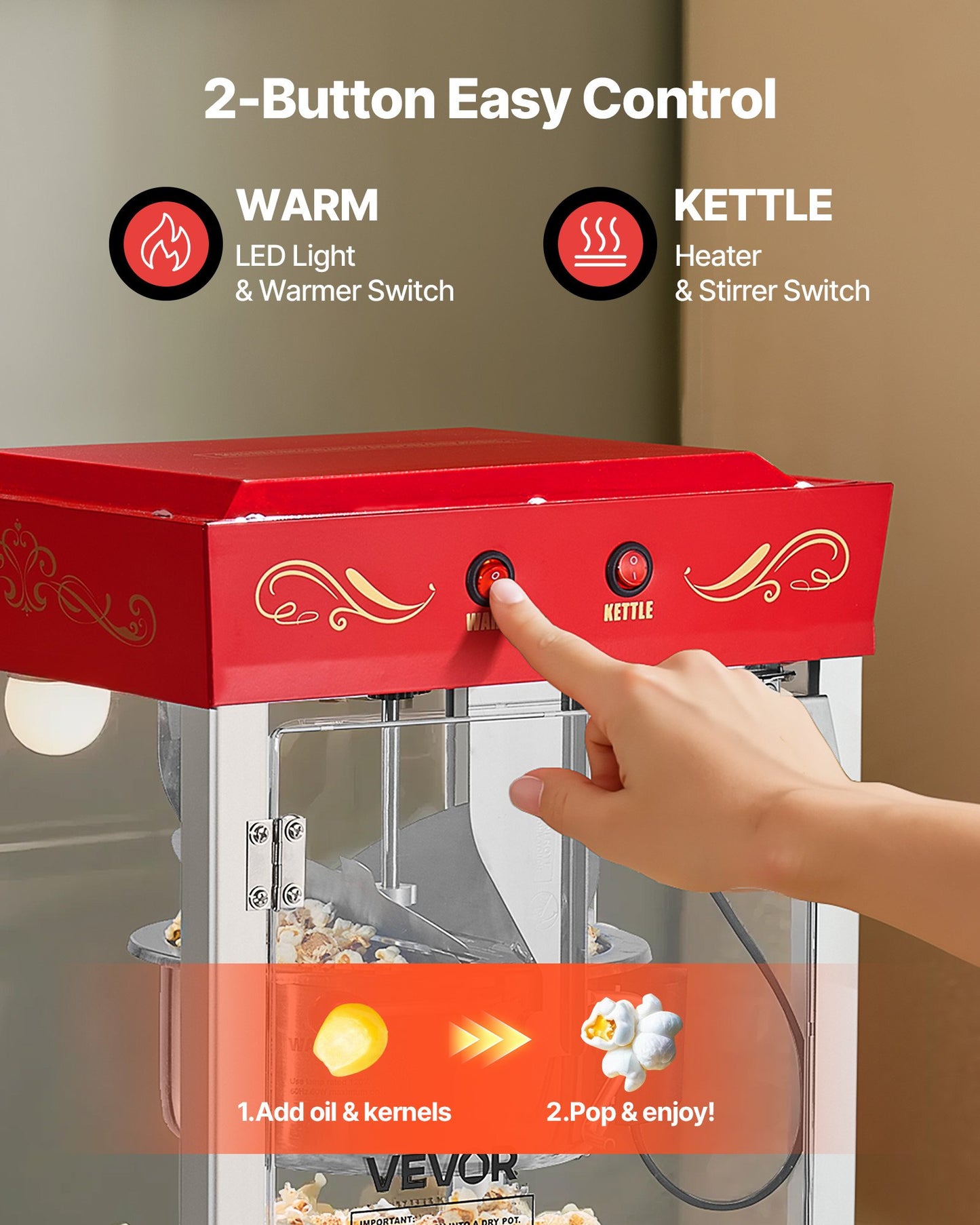 Popcorn Machine, 8oz Stainless Steel Kettle, 800W Commercial Countertop Popcorn Maker, 48 Cups per Batch Theater Style Popper, with 2-Button Control Glass Wall PC Door 1 Scoop 3 Spoons, Red