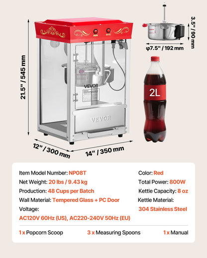 Popcorn Machine, 8oz Stainless Steel Kettle, 800W Commercial Countertop Popcorn Maker, 48 Cups per Batch Theater Style Popper, with 2-Button Control Glass Wall PC Door 1 Scoop 3 Spoons, Red