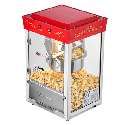 Popcorn Machine, 8oz Stainless Steel Kettle, 800W Commercial Countertop Popcorn Maker, 48 Cups per Batch Theater Style Popper, with 2-Button Control Glass Wall PC Door 1 Scoop 3 Spoons, Red