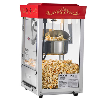 Popcorn Machine, 8oz Stainless Steel Kettle, 800W Commercial Countertop Popcorn Maker, 48 Cups per Batch Theater Style Popper, with 2-Button Control Glass Wall PC Door 1 Scoop 3 Spoons, Red