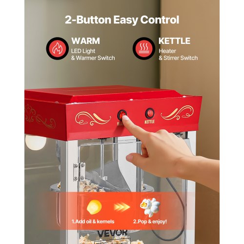 Popcornmaschine, Popcornmaschine für die Arbeitsplatte, 800 W, 0,2 kg Kessel, Rot | EU
