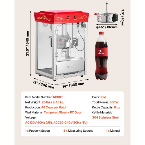 Popcornmaschine, Popcornmaschine für die Arbeitsplatte, 800 W, 0,2 kg Kessel, Rot | EU