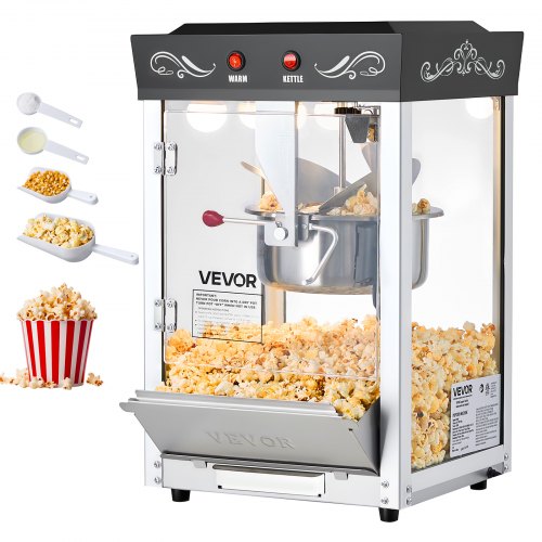 Popcorn Machine, 8oz Stainless Steel Kettle, 800W Commercial Countertop Popcorn Maker, 48 Cups per Batch Theater Style Popper, with 2-Button Control Glass Wall PC Door 1 Scoop 3 Spoons, Black