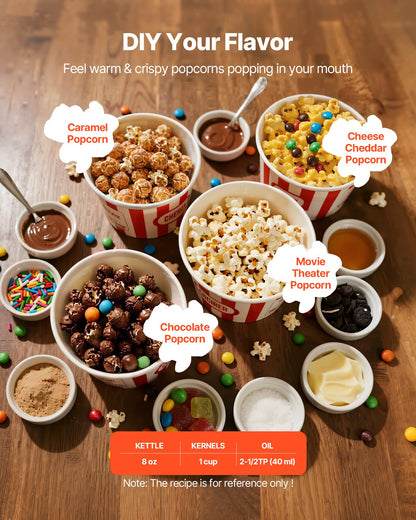 Popcorn Machine, 8oz Stainless Steel Kettle, 800W Commercial Countertop Popcorn Maker, 48 Cups per Batch Theater Style Popper, with 2-Button Control Glass Wall PC Door 1 Scoop 3 Spoons, Black