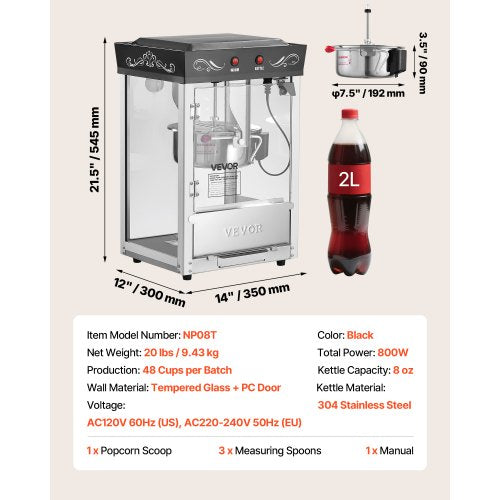 Popcornmaschine, Popcornmaschine für die Arbeitsplatte, 800 W, 0,2 kg Kessel, Schwarz | EU