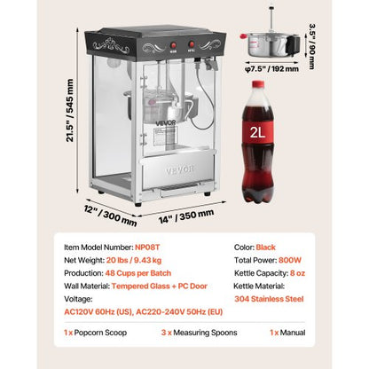 Popcornmaschine, Popcornmaschine für die Arbeitsplatte, 800 W, 0,2 kg Kessel, Schwarz | EU