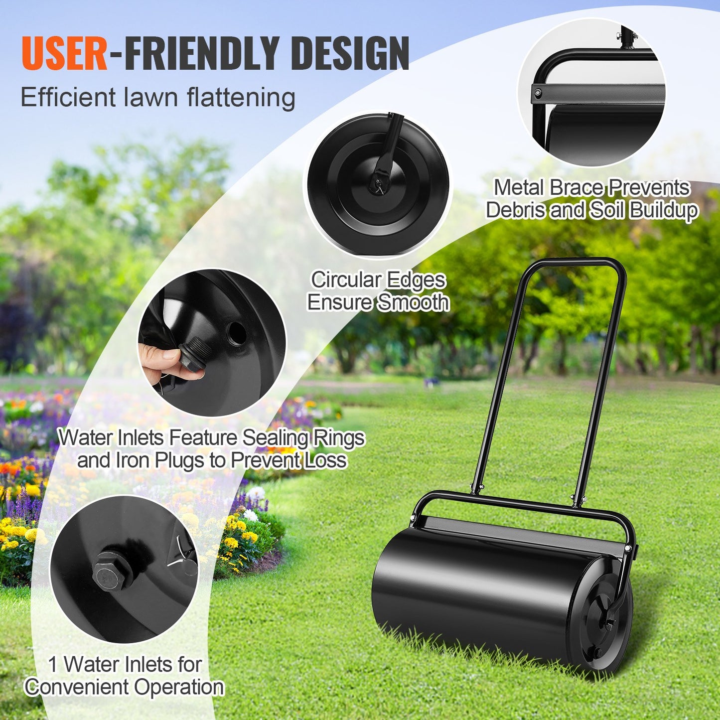 Lawn Roller, 13 Gallon Sand/Water Filled Yard Roller, Steel Sod Roller with Easy-turn Plug and U-Shaped Ergonomic Handle for Convenient Push and Pull, for Lawn, Garden, Farm, Park, Black