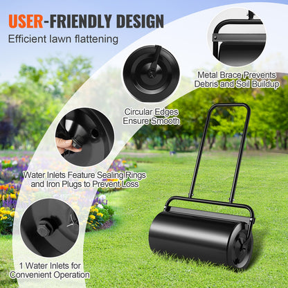 Lawn Roller, 13 Gallon Sand/Water Filled Yard Roller, Steel Sod Roller with Easy-turn Plug and U-Shaped Ergonomic Handle for Convenient Push and Pull, for Lawn, Garden, Farm, Park, Black