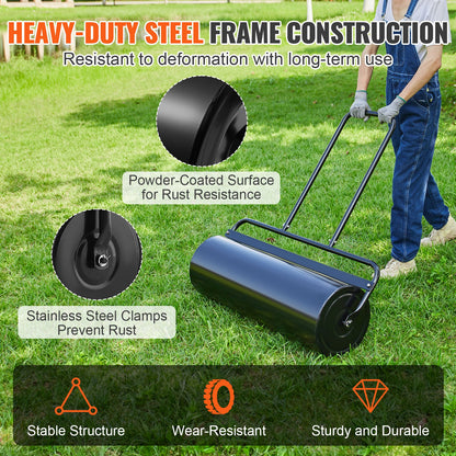 Lawn, 17 Gallon Sand/Water Filled Yard Roller, Steel Turf Roller with Easy-to-Turn Plug and U-Shaped Ergonomic Handle for Comfortable Push and Pull, for Lawn, Garden, Yard, Park, Black