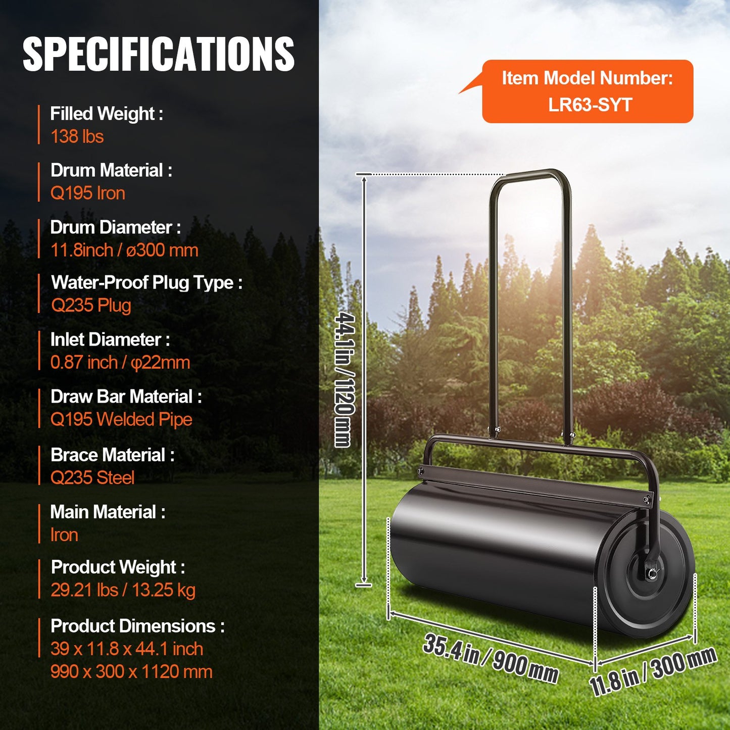 Lawn, 17 Gallon Sand/Water Filled Yard Roller, Steel Turf Roller with Easy-to-Turn Plug and U-Shaped Ergonomic Handle for Comfortable Push and Pull, for Lawn, Garden, Yard, Park, Black