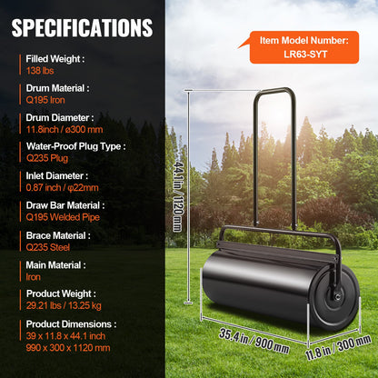 Lawn, 17 Gallon Sand/Water Filled Yard Roller, Steel Turf Roller with Easy-to-Turn Plug and U-Shaped Ergonomic Handle for Comfortable Push and Pull, for Lawn, Garden, Yard, Park, Black