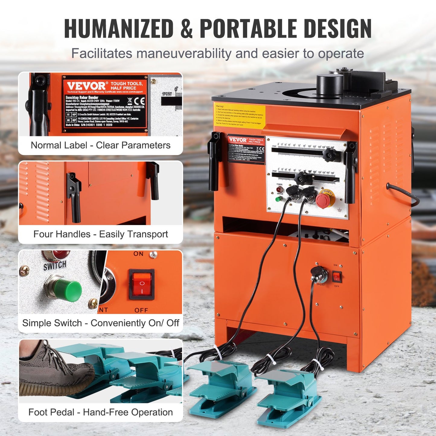 2-in-1 Elektrischer Bewehrungsbieger 1700 W, 3 Winkel bis zu 1 Zoll #8 (4-25 mm)