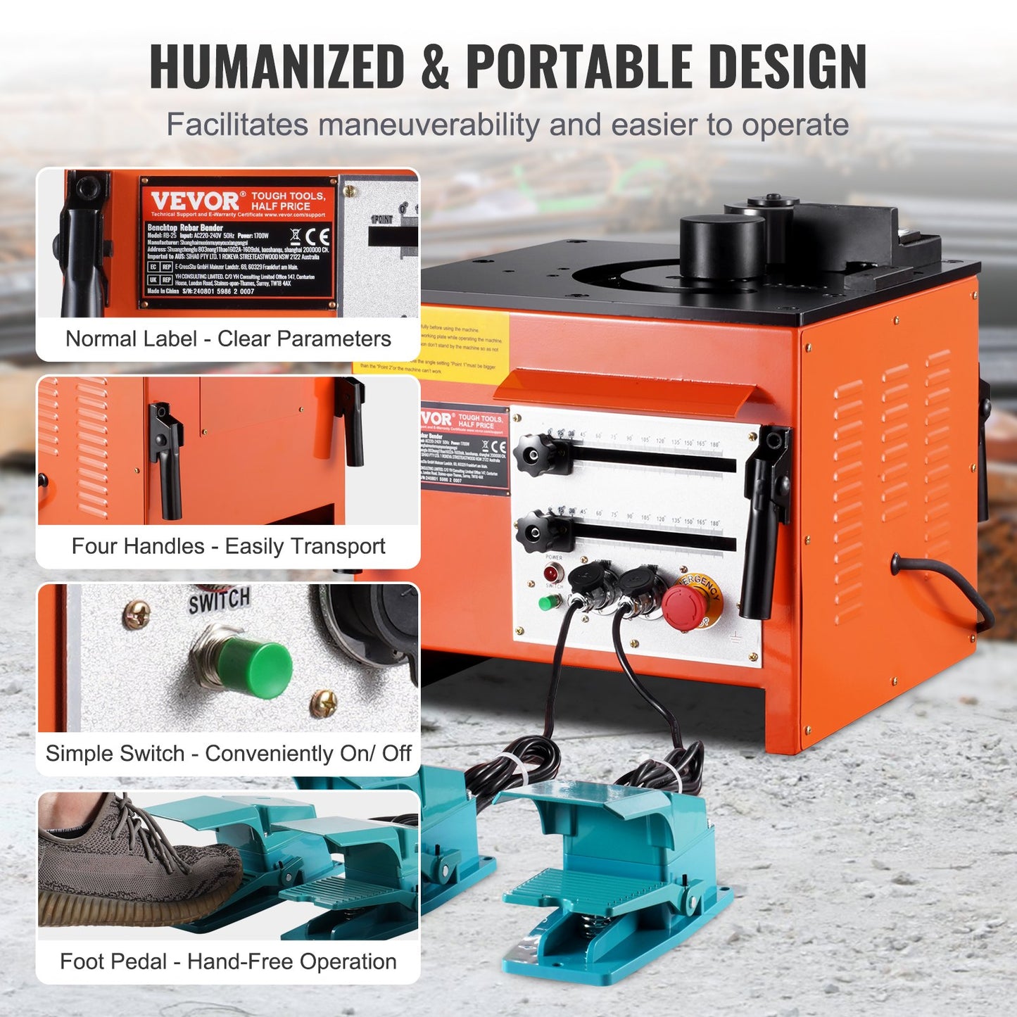 Benchtop Electric Rebar Bender 1700W 3 Angle Up to 1 Inch #8 (4-25 mm)