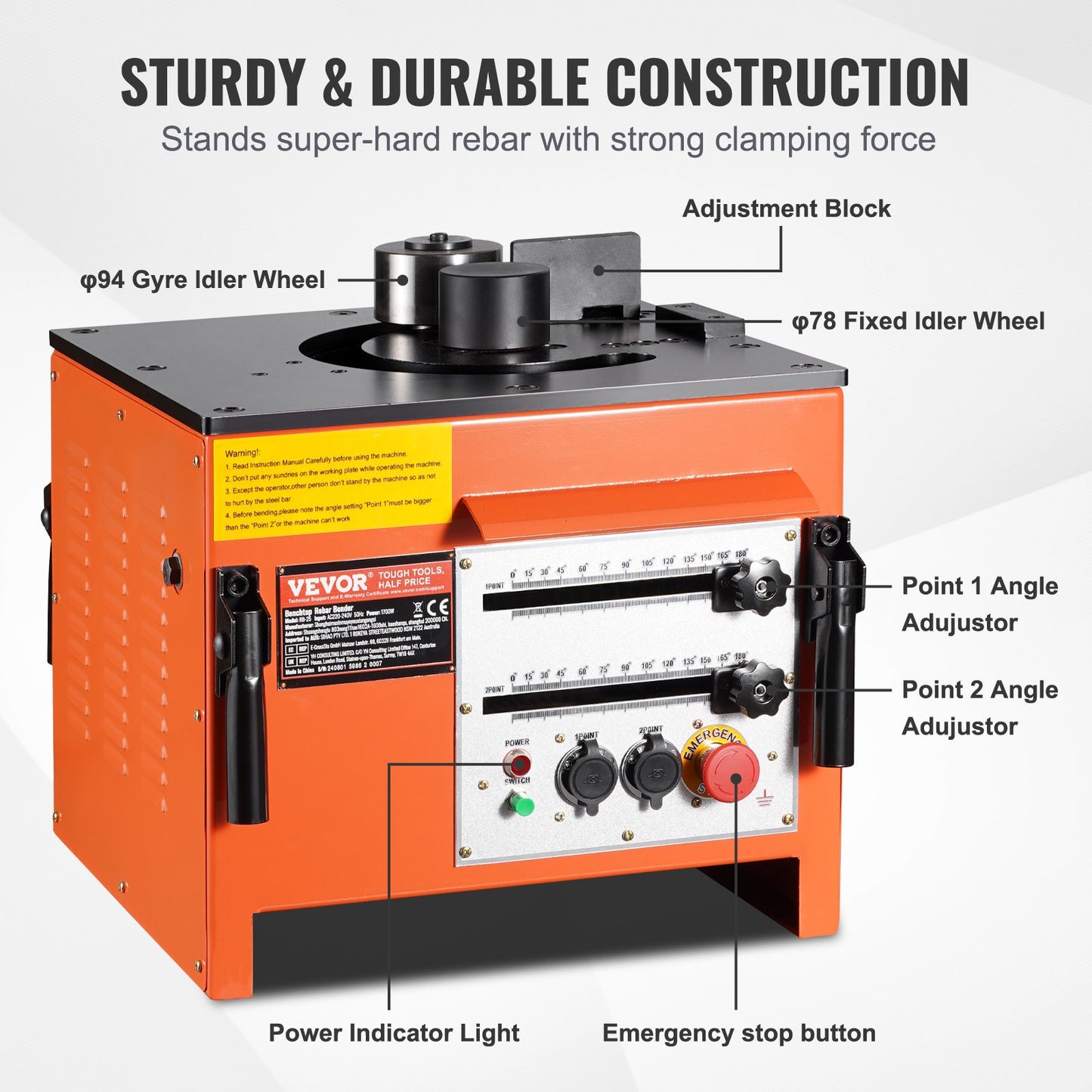 Benchtop Electric Rebar Bender 1700W 3 Angle Up to 1 Inch #8 (4-25 mm)