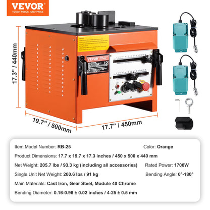 Benchtop Electric Rebar Bender 1700W 3 Angle Up to 1 Inch #8 (4-25 mm)