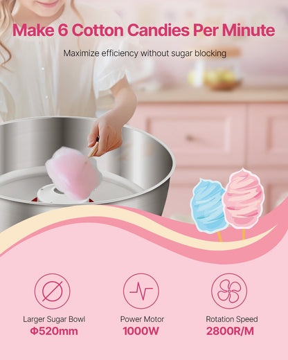 Electric Cotton Candy Machine, 1000W Commercial Candy Floss Maker with 20.5 in Stainless Steel Bowl, Sugar Scoop, and Drawer, Easy Home Use, Perfect for Kids Birthday, Family Party, Pink