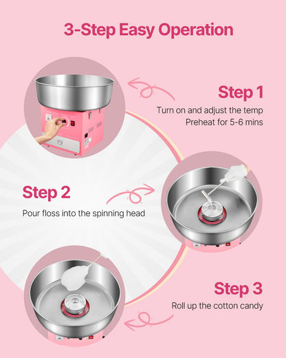 Electric Cotton Candy Machine, 1000W Commercial Candy Floss Maker with 20.5 in Stainless Steel Bowl, Sugar Scoop, and Drawer, Easy Home Use, Perfect for Kids Birthday, Family Party, Pink