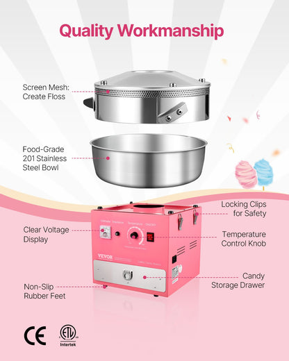 Electric Cotton Candy Machine, 1000W Commercial Candy Floss Maker with 20.5 in Stainless Steel Bowl, Sugar Scoop, and Drawer, Easy Home Use, Perfect for Kids Birthday, Family Party, Pink