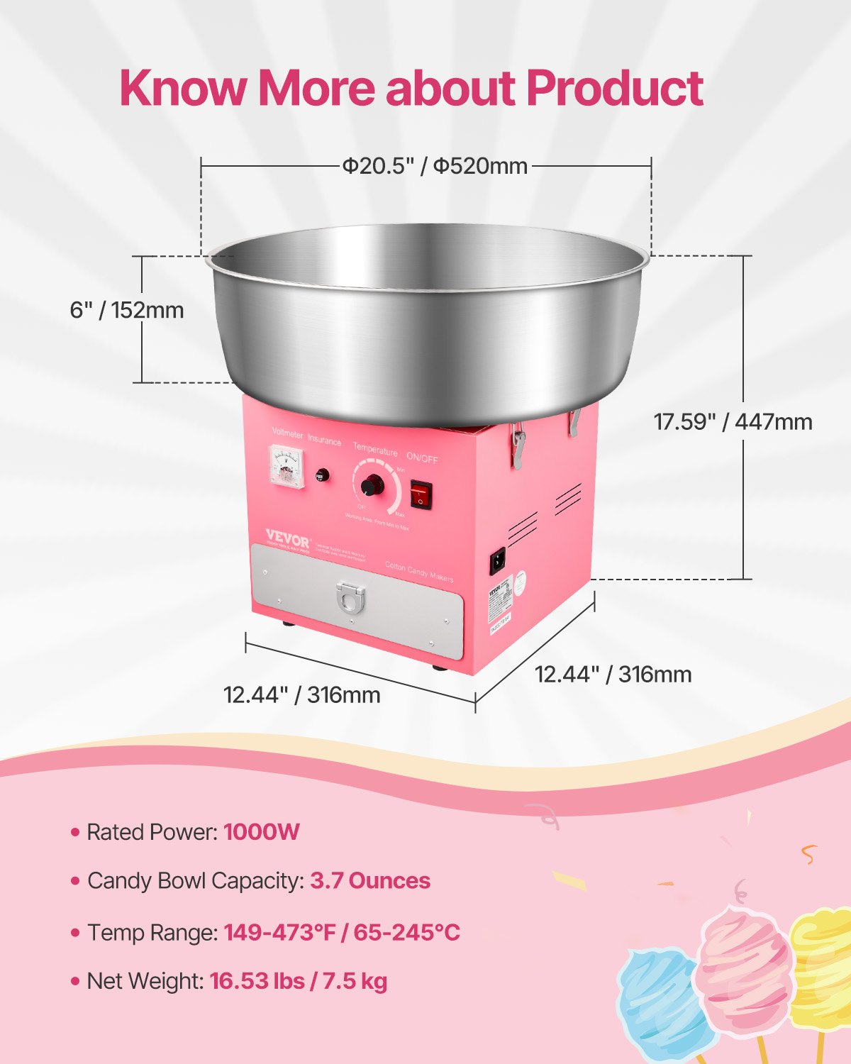 Electric Cotton Candy Machine, 1000W Commercial Candy Floss Maker with 20.5 in Stainless Steel Bowl, Sugar Scoop, and Drawer, Easy Home Use, Perfect for Kids Birthday, Family Party, Pink