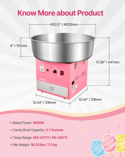 Electric Cotton Candy Machine, 1000W Commercial Candy Floss Maker with 20.5 in Stainless Steel Bowl, Sugar Scoop, and Drawer, Easy Home Use, Perfect for Kids Birthday, Family Party, Pink