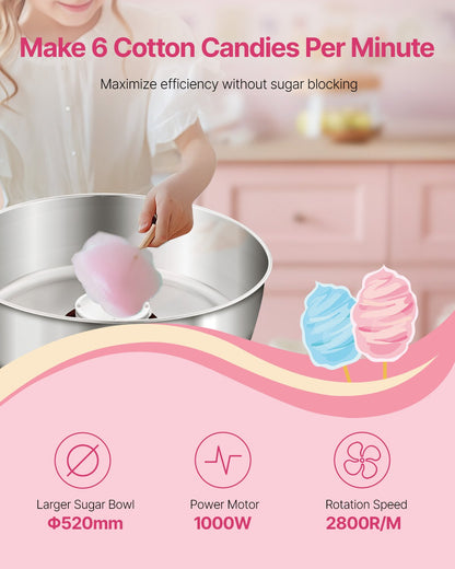 Electric Cotton Candy Machine, 1000W Commercial Candy Floss Maker with 20.5 in Stainless Steel Bowl, Sugar Scoop, and Drawer, Easy Home Use, Perfect for Kids Birthday, Family Party, Red