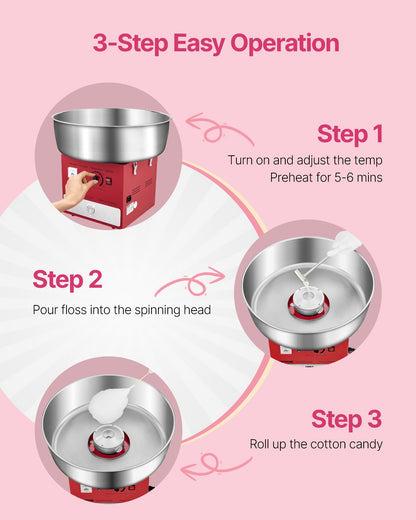 Electric Cotton Candy Machine, 1000W Commercial Candy Floss Maker with 20.5 in Stainless Steel Bowl, Sugar Scoop, and Drawer, Easy Home Use, Perfect for Kids Birthday, Family Party, Red