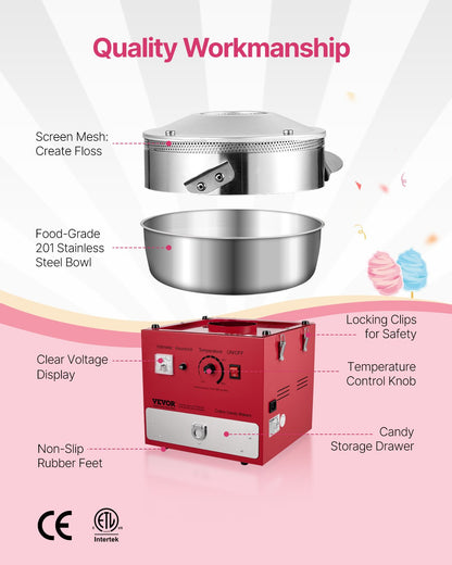Electric Cotton Candy Machine, 1000W Commercial Candy Floss Maker with 20.5 in Stainless Steel Bowl, Sugar Scoop, and Drawer, Easy Home Use, Perfect for Kids Birthday, Family Party, Red