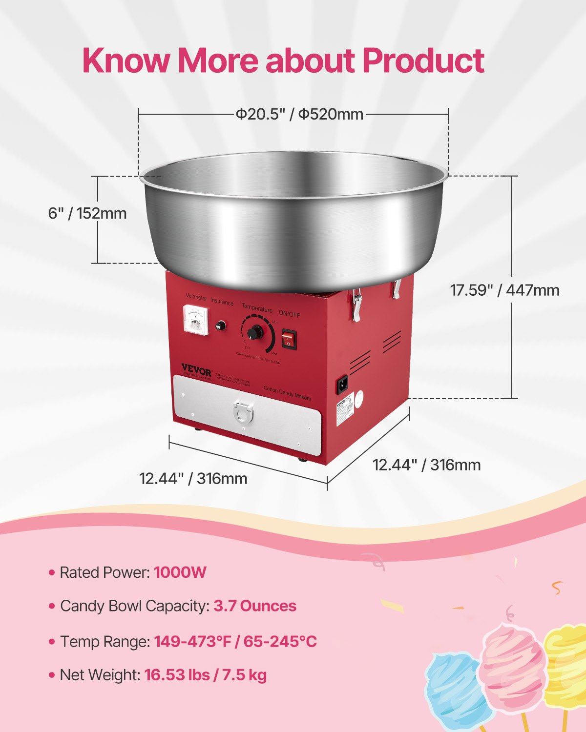 Electric Cotton Candy Machine, 1000W Commercial Candy Floss Maker with 20.5 in Stainless Steel Bowl, Sugar Scoop, and Drawer, Easy Home Use, Perfect for Kids Birthday, Family Party, Red