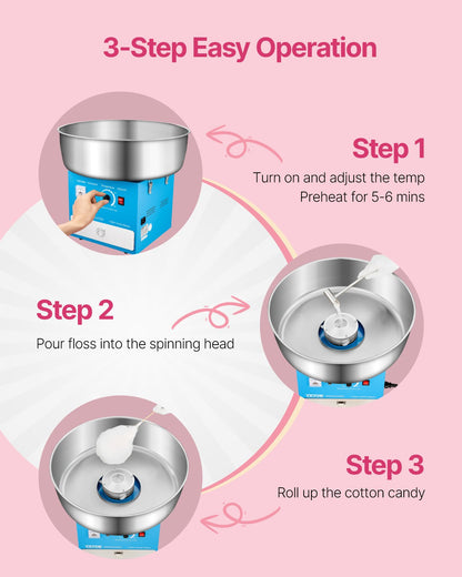 Electric Cotton Candy Machine, 1000W Commercial Candy Floss Maker with 20.5 in Stainless Steel Bowl, Sugar Scoop, and Drawer, Easy Home Use, Perfect for Kids Birthday, Family Party, Blue