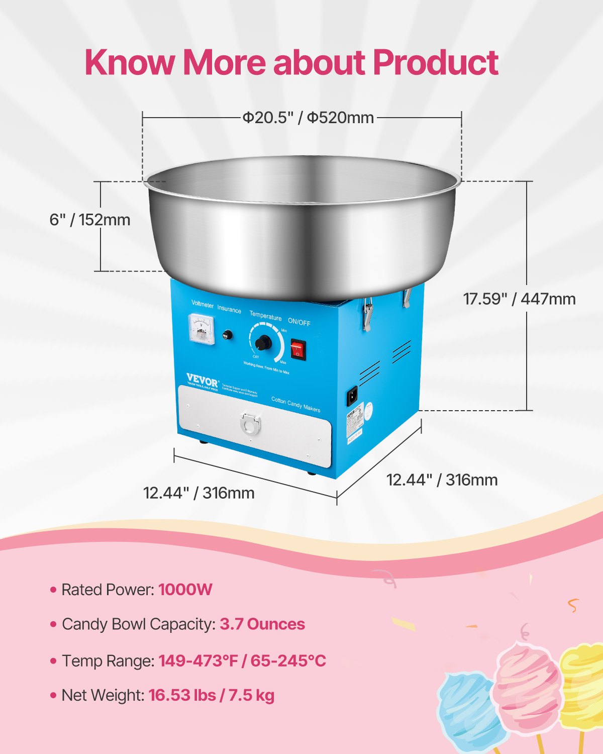 Electric Cotton Candy Machine, 1000W Commercial Candy Floss Maker with 20.5 in Stainless Steel Bowl, Sugar Scoop, and Drawer, Easy Home Use, Perfect for Kids Birthday, Family Party, Blue